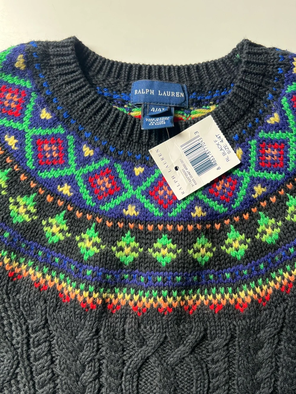 Ralph Lauren Kids Black Cable Knit Fair Isle Sweater 4T NWT - Picture 2 of 4